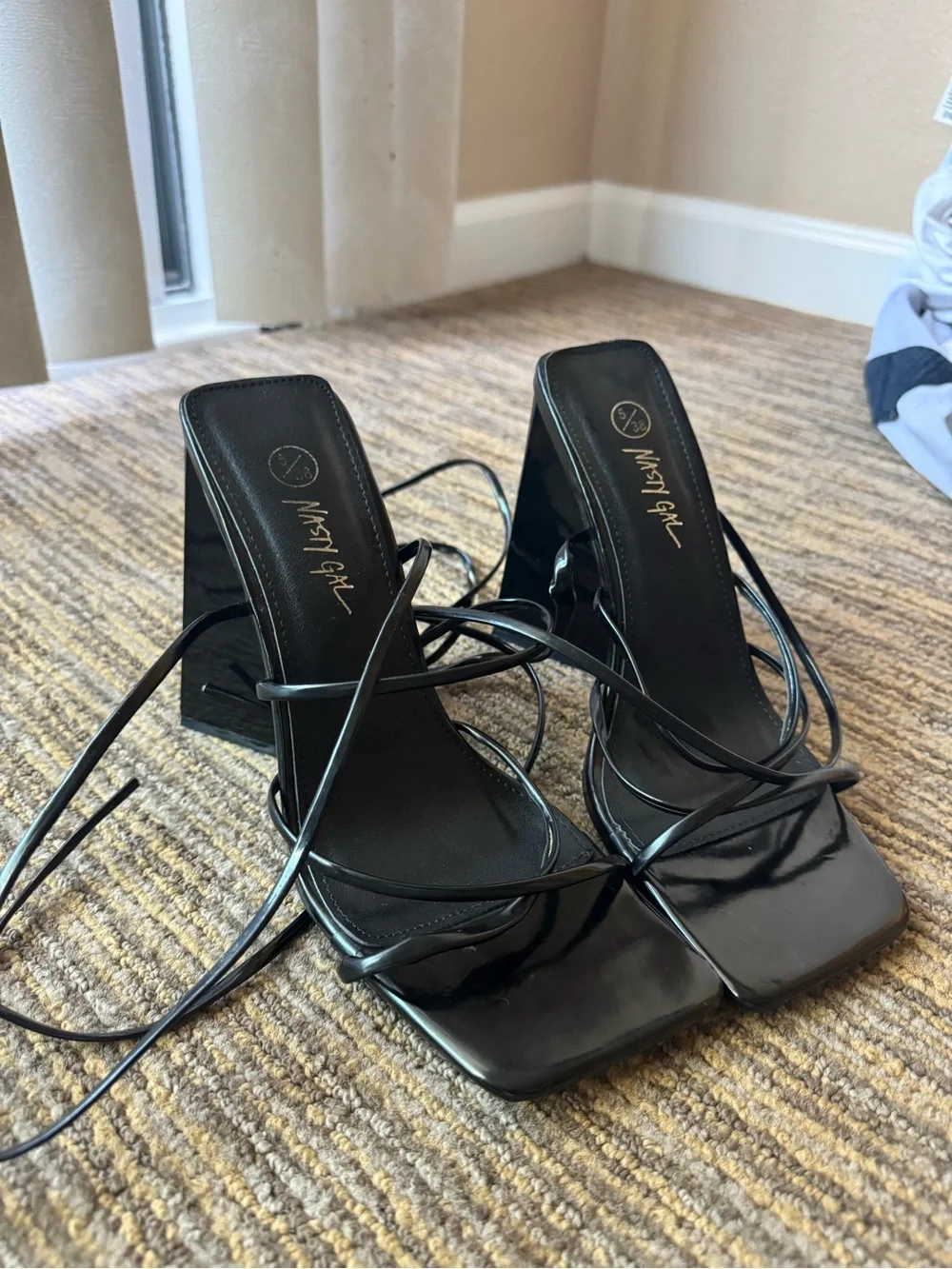 Nasty Gal Black Lace-Up Strappy Block Heel Sandals